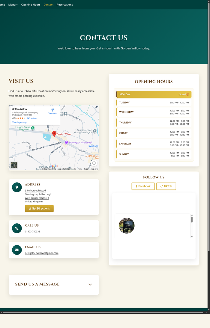 Golden Willow contact page — Google Maps embed, opening hours, address card, and contact form