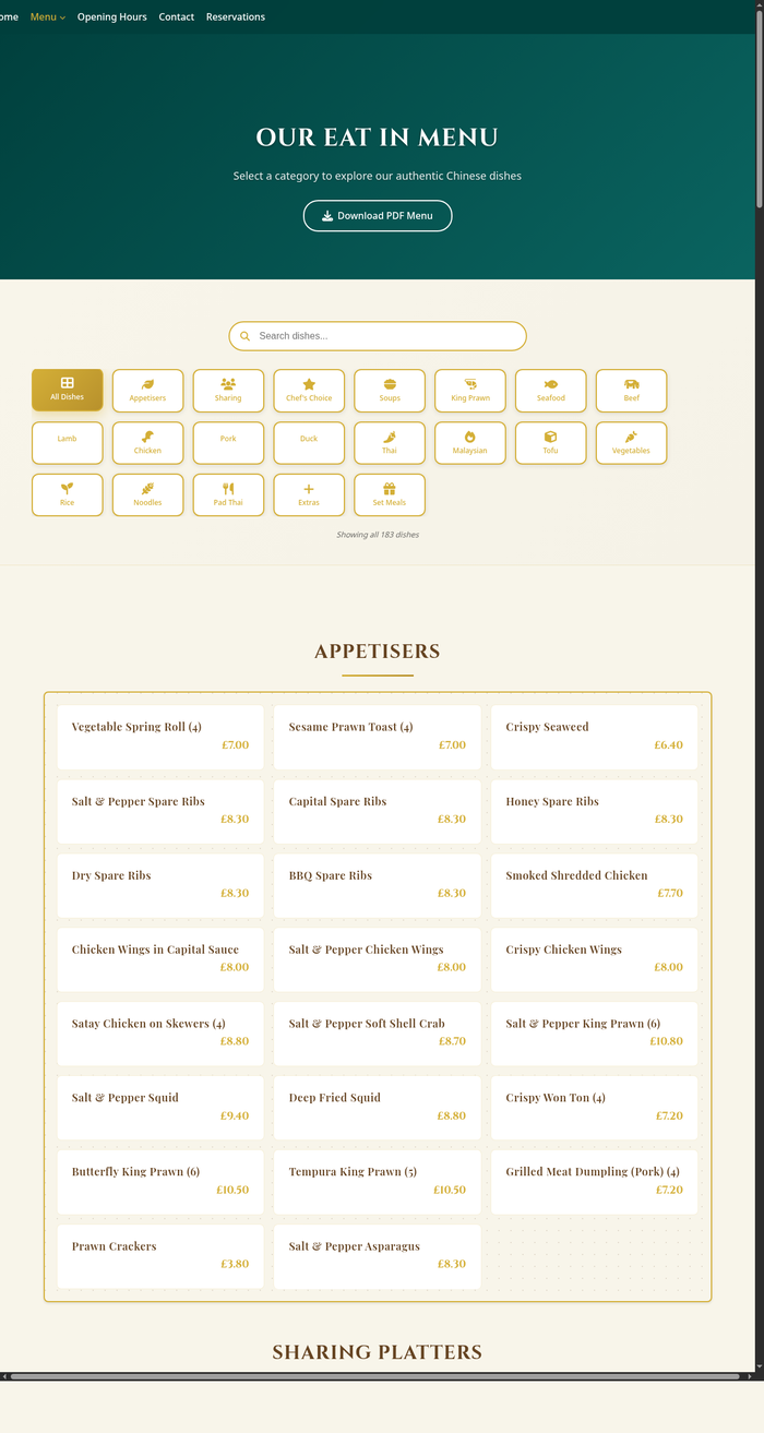 Golden Willow menu page — 21 category filters, search bar, and dish cards with prices